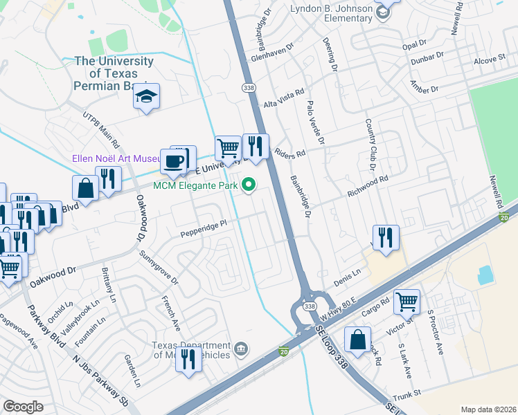 map of restaurants, bars, coffee shops, grocery stores, and more near 2516 Bob White Drive in Odessa