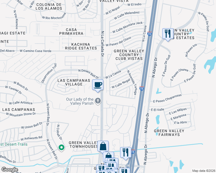 map of restaurants, bars, coffee shops, grocery stores, and more near 701 North Avenue Cipres in Green Valley
