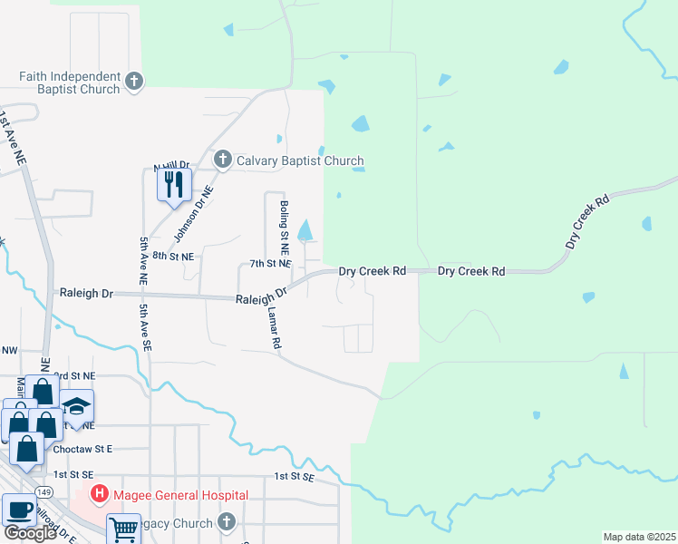 map of restaurants, bars, coffee shops, grocery stores, and more near 632 Raleigh Drive North East in Magee