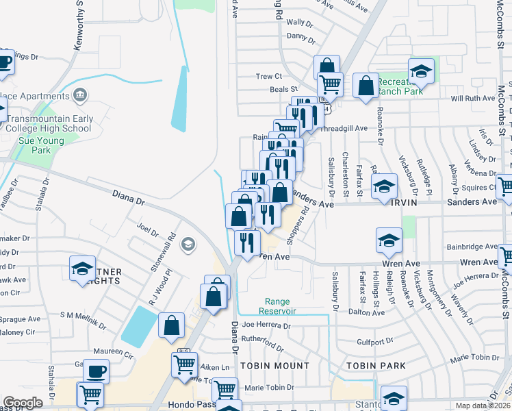 map of restaurants, bars, coffee shops, grocery stores, and more near 9487 U.S. 54 Business in El Paso