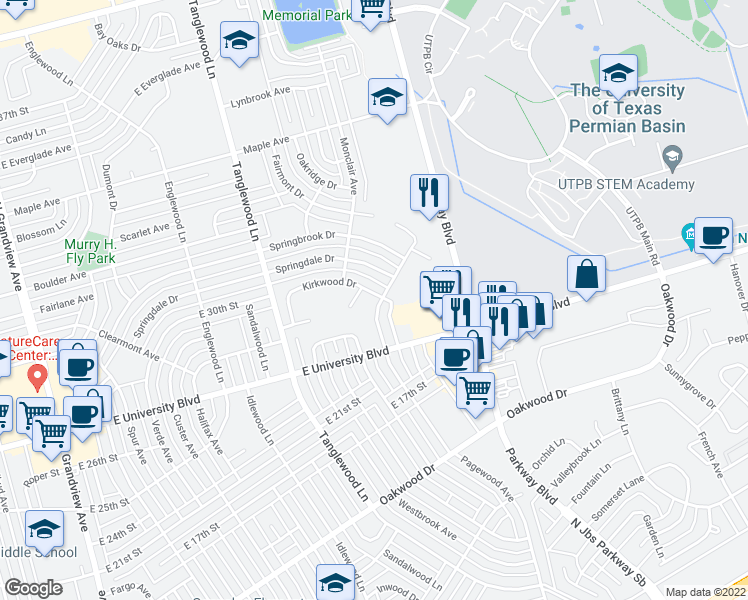 map of restaurants, bars, coffee shops, grocery stores, and more near 2749 Pagewood Avenue in Odessa