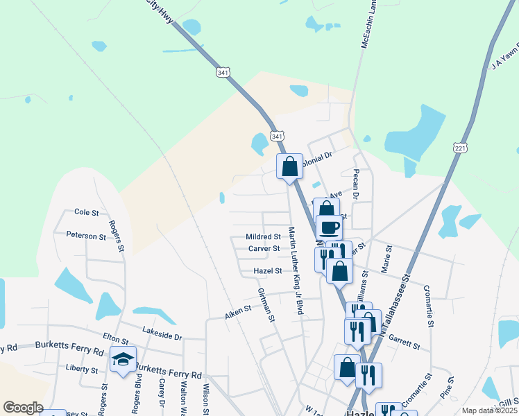 map of restaurants, bars, coffee shops, grocery stores, and more near 11 Danny Street in Hazlehurst