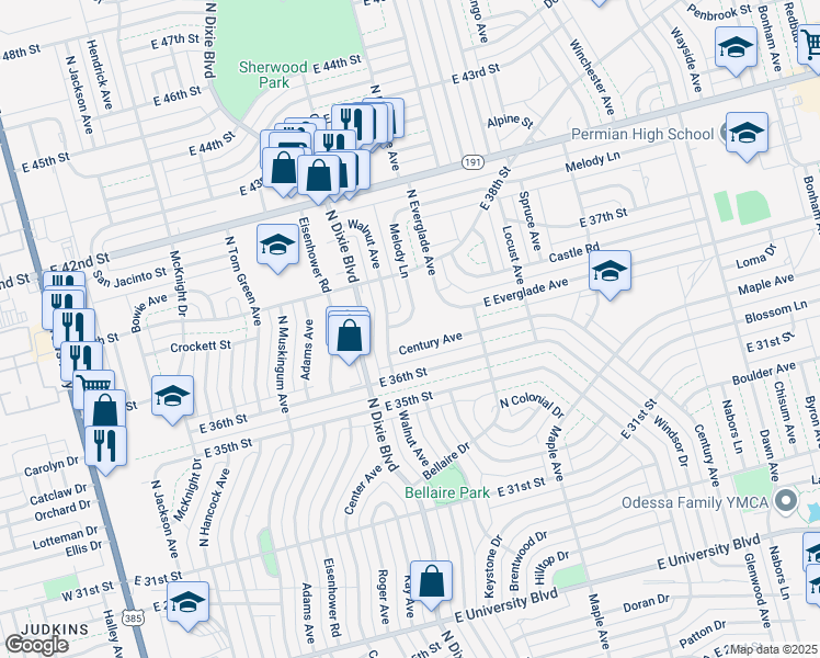 map of restaurants, bars, coffee shops, grocery stores, and more near 3619 Melody Lane in Odessa