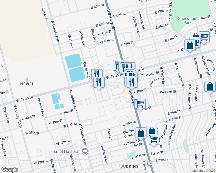 map of restaurants, bars, coffee shops, grocery stores, and more near 135 West 42nd Street in Odessa
