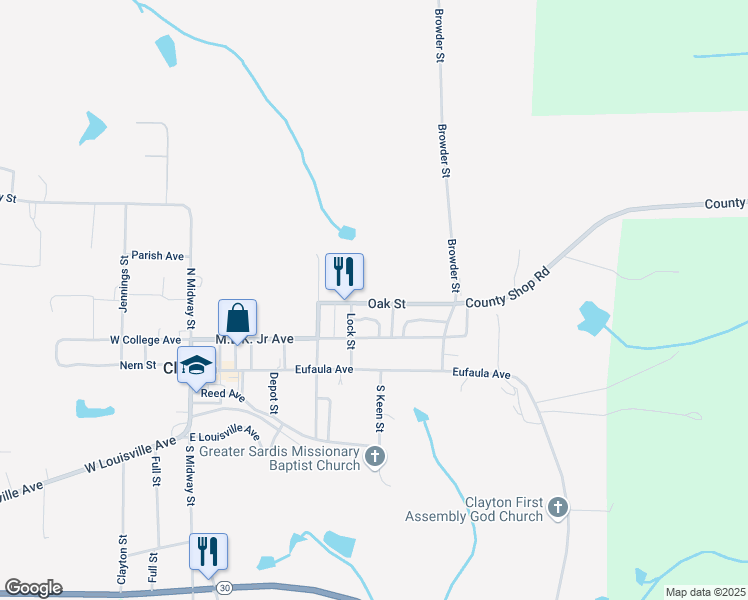 map of restaurants, bars, coffee shops, grocery stores, and more near 28 Oak Street in Clayton