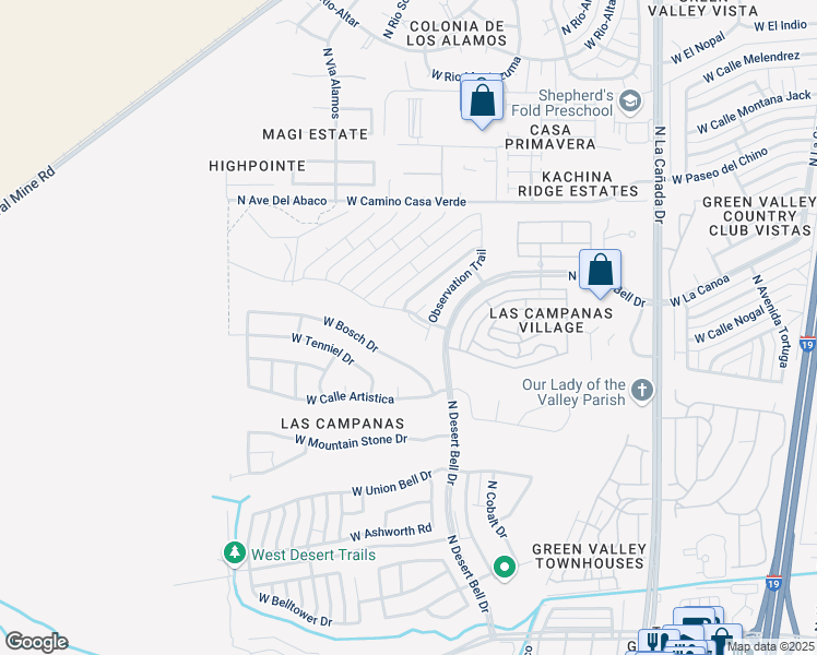 map of restaurants, bars, coffee shops, grocery stores, and more near 699 Observation Trail in Green Valley