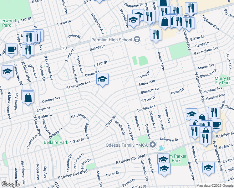 map of restaurants, bars, coffee shops, grocery stores, and more near 3522 Maple Ave in Odessa