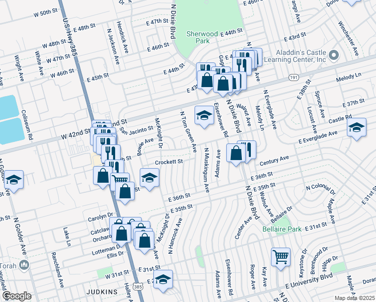 map of restaurants, bars, coffee shops, grocery stores, and more near 604 East 38th Street in Odessa
