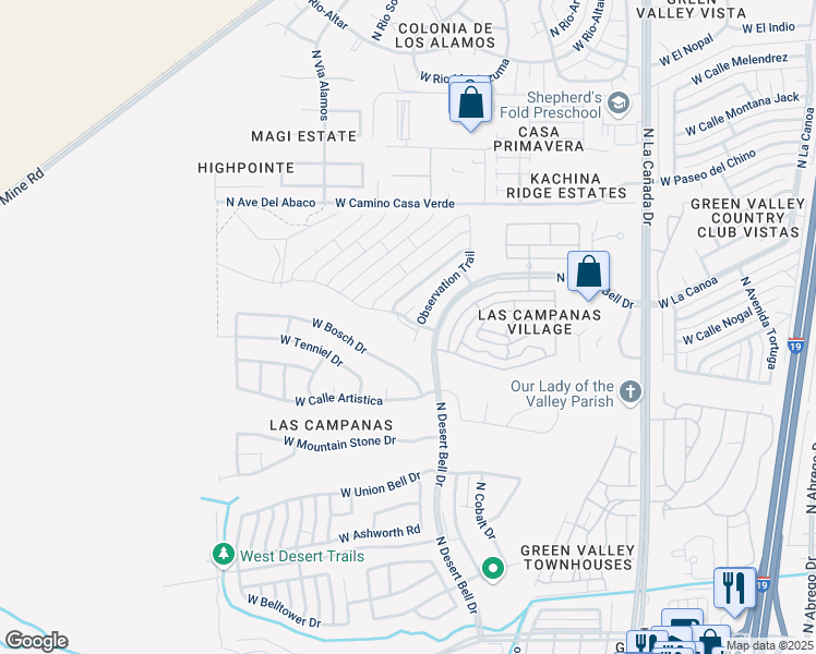 map of restaurants, bars, coffee shops, grocery stores, and more near North Observation Trail in Green Valley