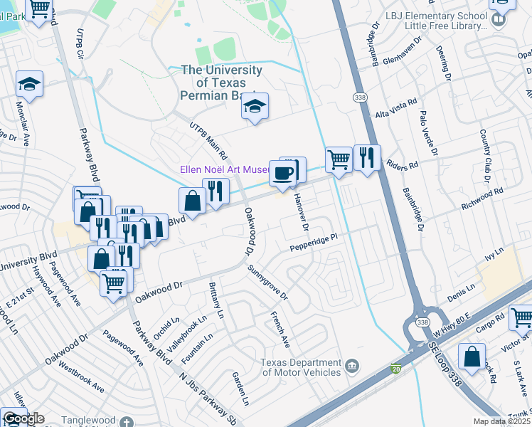 map of restaurants, bars, coffee shops, grocery stores, and more near 4966 Oakwood Drive in Odessa
