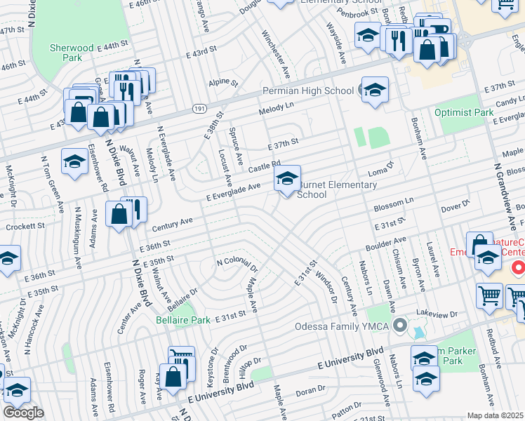 map of restaurants, bars, coffee shops, grocery stores, and more near 1507-1599 Century Avenue in Odessa