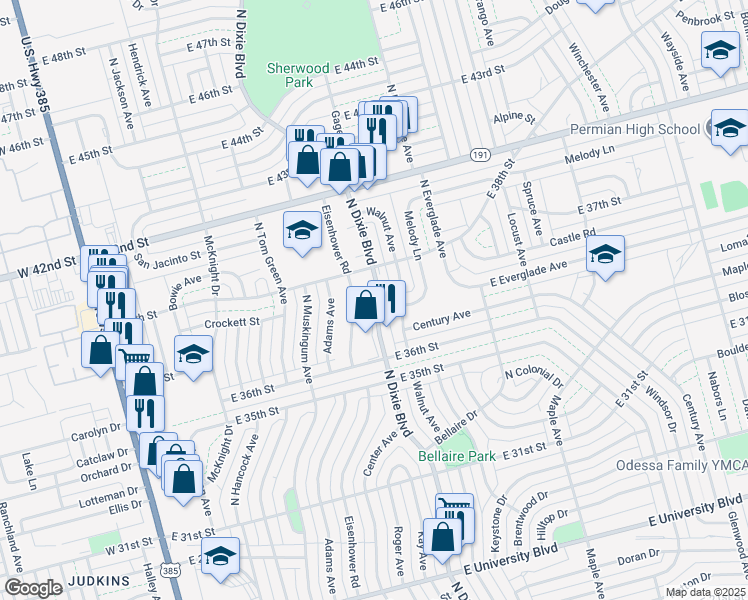 map of restaurants, bars, coffee shops, grocery stores, and more near 3648 North Dixie Boulevard in Odessa