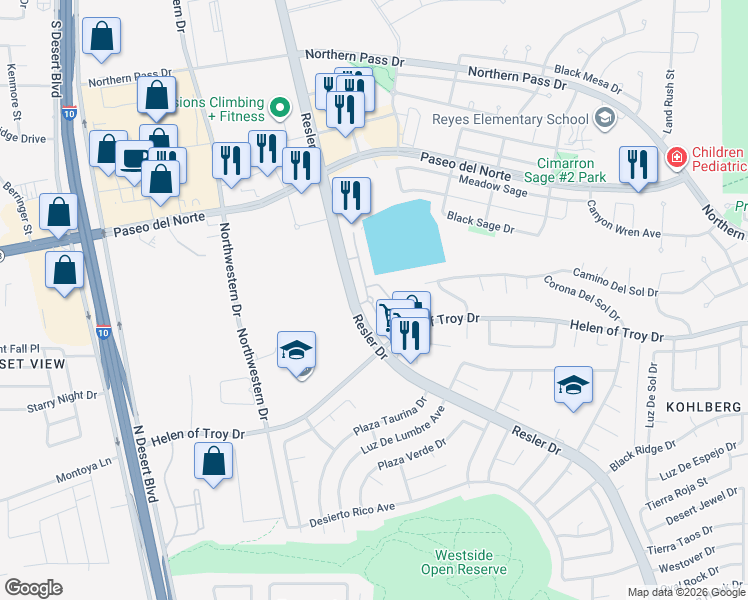 map of restaurants, bars, coffee shops, grocery stores, and more near 1600 North Resler Drive in El Paso