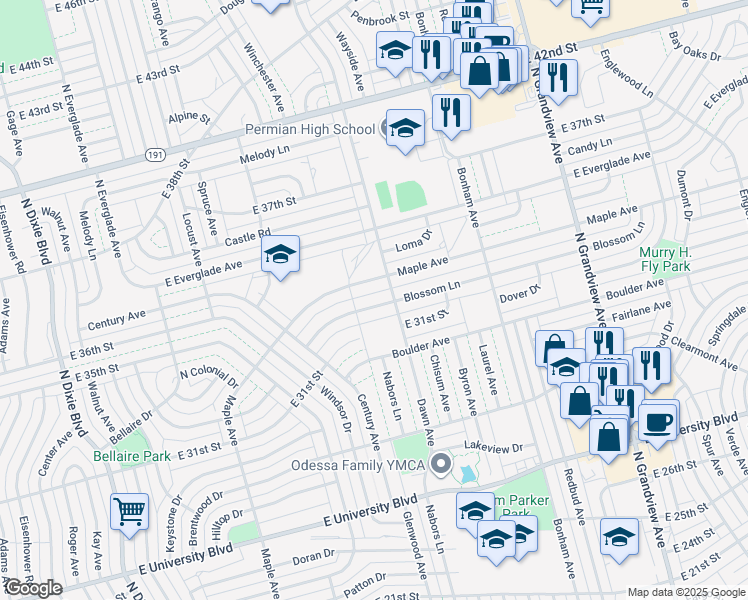 map of restaurants, bars, coffee shops, grocery stores, and more near 3127 Blossom Lane in Odessa