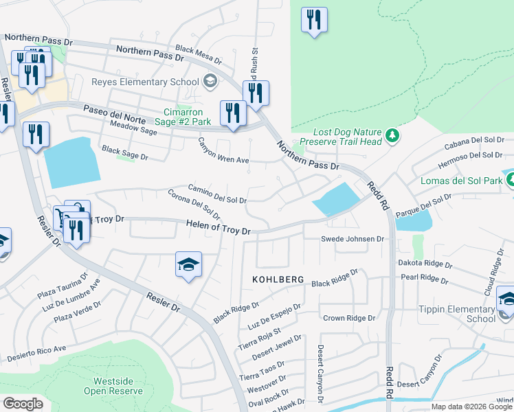 map of restaurants, bars, coffee shops, grocery stores, and more near 7286 Camino Del Sol Drive in El Paso