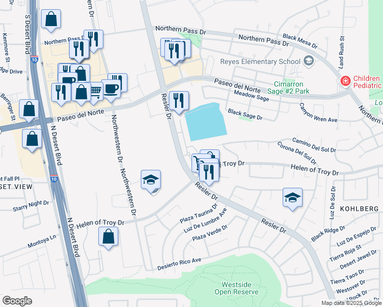 map of restaurants, bars, coffee shops, grocery stores, and more near 1600 Resler Drive in El Paso