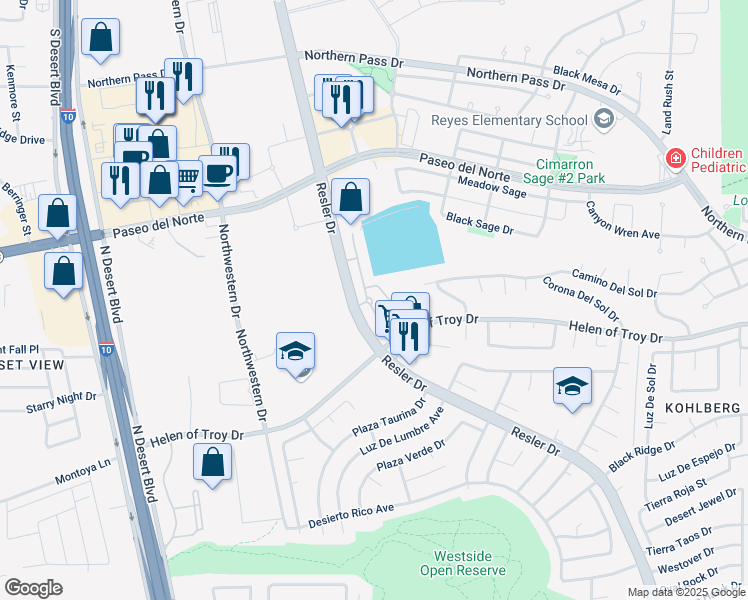 map of restaurants, bars, coffee shops, grocery stores, and more near 1600 Resler Drive in El Paso