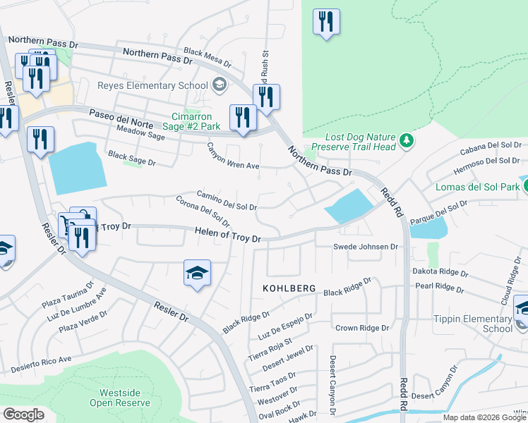 map of restaurants, bars, coffee shops, grocery stores, and more near 7286 Camino Del Sol Drive in El Paso