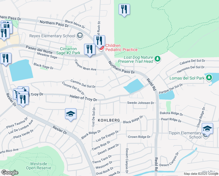 map of restaurants, bars, coffee shops, grocery stores, and more near 7251 Longspur in El Paso