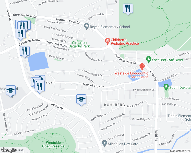 map of restaurants, bars, coffee shops, grocery stores, and more near 7304 Camino Del Sol Drive in El Paso