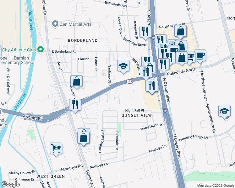 map of restaurants, bars, coffee shops, grocery stores, and more near 7990 Artcraft Road in El Paso
