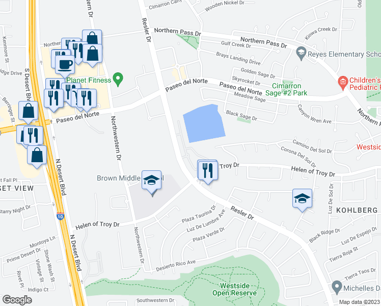 map of restaurants, bars, coffee shops, grocery stores, and more near 1600 North Resler Drive in El Paso