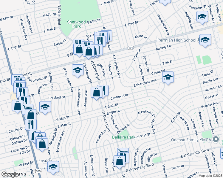 map of restaurants, bars, coffee shops, grocery stores, and more near 3619 Melody Lane in Odessa