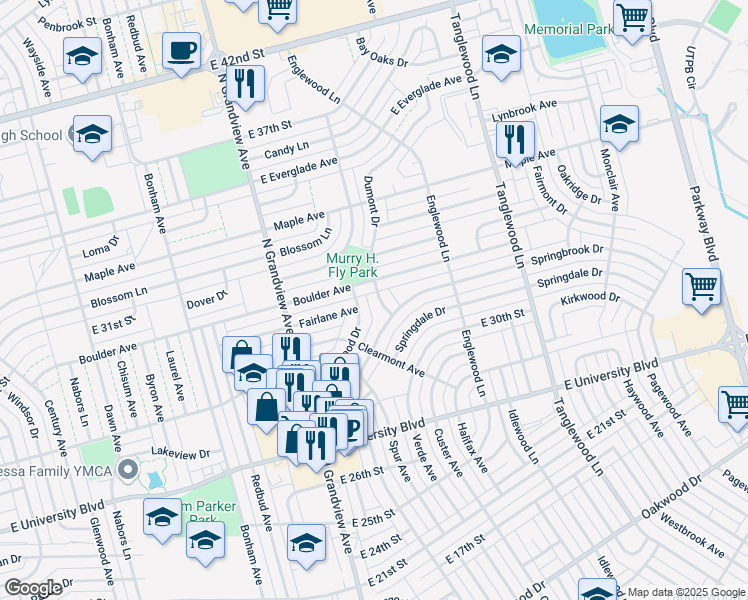 map of restaurants, bars, coffee shops, grocery stores, and more near 3113 Dumont Drive in Odessa