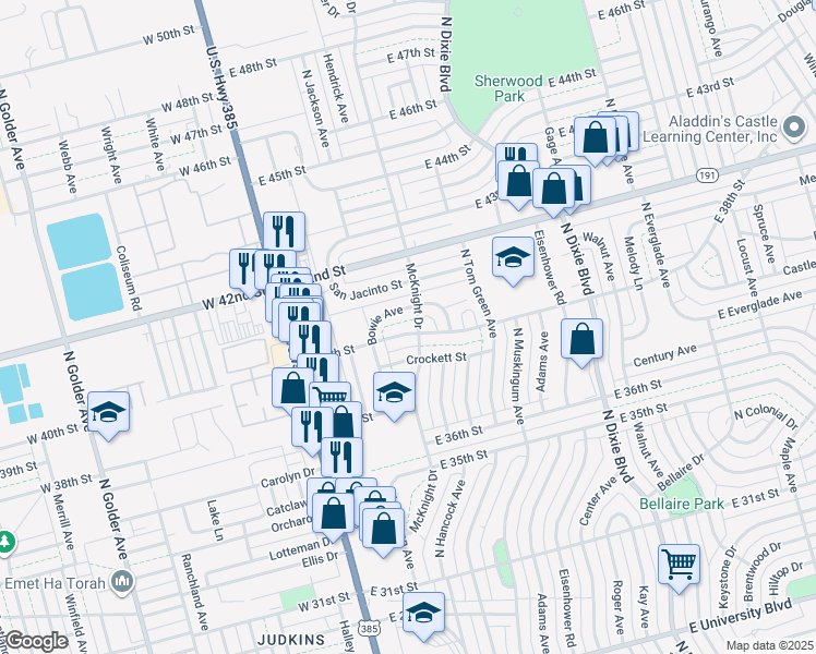 map of restaurants, bars, coffee shops, grocery stores, and more near 313 East 38th Street in Odessa
