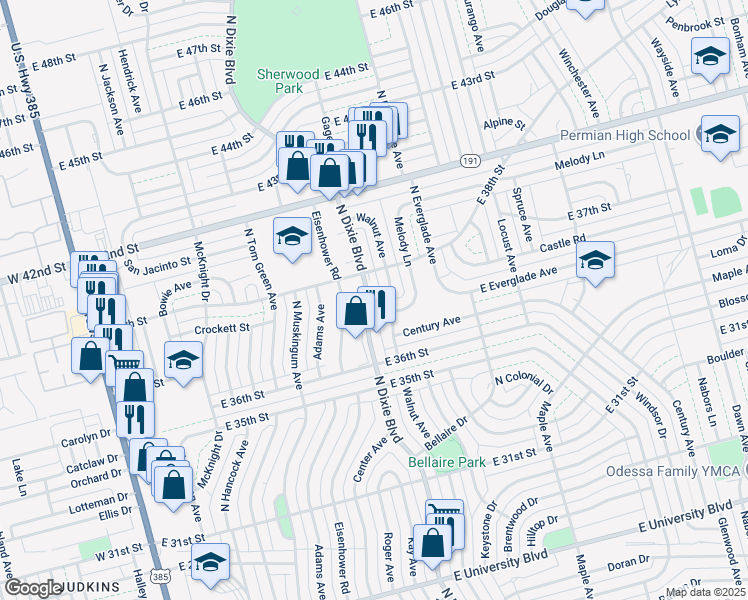 map of restaurants, bars, coffee shops, grocery stores, and more near 3648 North Dixie Boulevard in Odessa