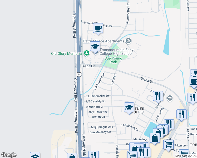 map of restaurants, bars, coffee shops, grocery stores, and more near 9445 East B Taulbee Drive in El Paso