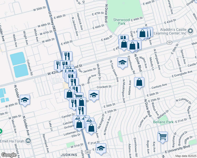 map of restaurants, bars, coffee shops, grocery stores, and more near 313 East 38th Street in Odessa