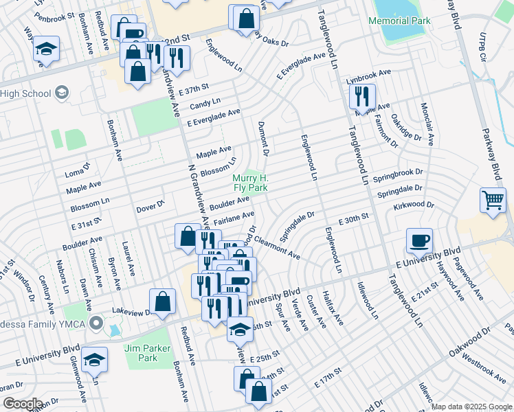 map of restaurants, bars, coffee shops, grocery stores, and more near 3113 Dumont Dr in Odessa