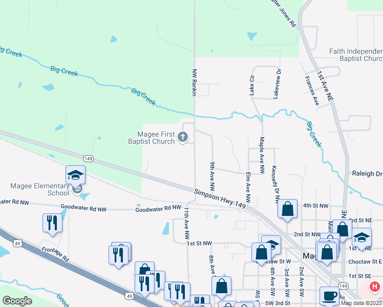 map of restaurants, bars, coffee shops, grocery stores, and more near 602 11th Avenue Northwest in Magee