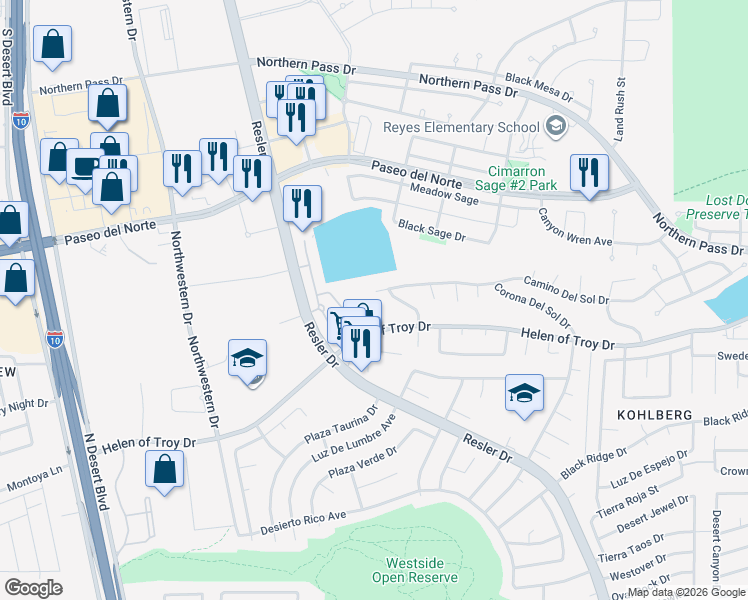 map of restaurants, bars, coffee shops, grocery stores, and more near 7414 Camino Del Sol Drive in El Paso