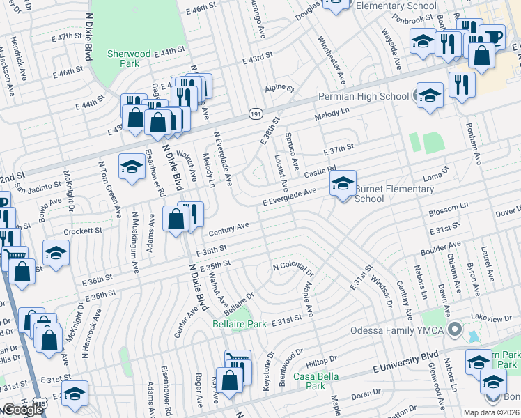 map of restaurants, bars, coffee shops, grocery stores, and more near 1400 East Everglade Avenue in Odessa