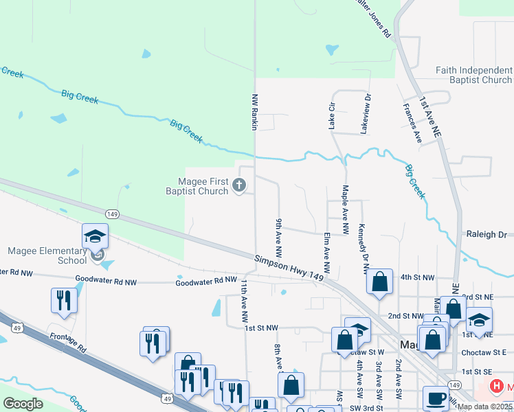 map of restaurants, bars, coffee shops, grocery stores, and more near 602 11th Avenue Northwest in Magee