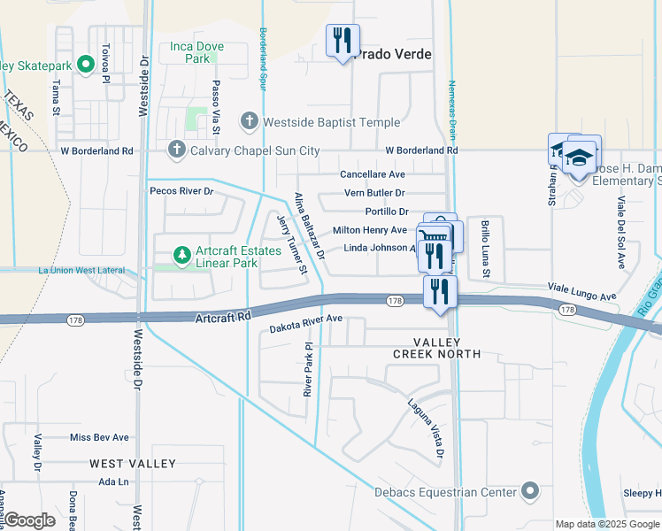 map of restaurants, bars, coffee shops, grocery stores, and more near 6210 Alina Baltazar Drive in El Paso