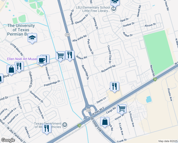 map of restaurants, bars, coffee shops, grocery stores, and more near 2508 Bainbridge Drive in Odessa