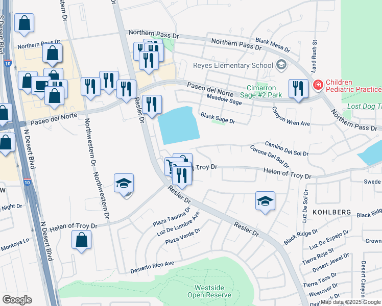 map of restaurants, bars, coffee shops, grocery stores, and more near 7412 Camino Del Sol Drive in El Paso
