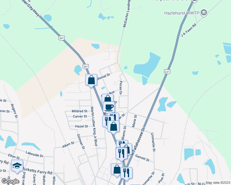 map of restaurants, bars, coffee shops, grocery stores, and more near 28 Rose Avenue in Hazlehurst