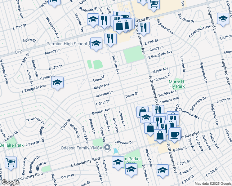 map of restaurants, bars, coffee shops, grocery stores, and more near 3218 Blossom Lane in Odessa