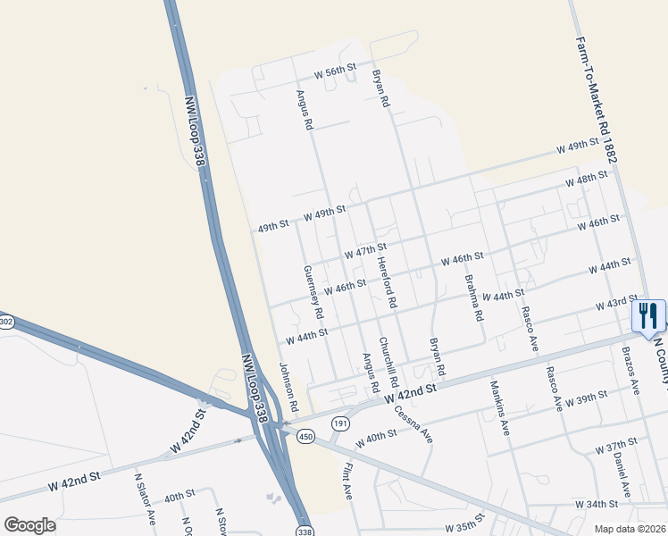 map of restaurants, bars, coffee shops, grocery stores, and more near 4614 Angus Road in Odessa