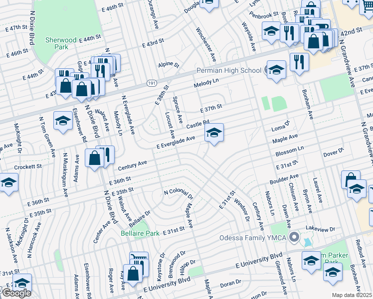map of restaurants, bars, coffee shops, grocery stores, and more near 1507 Century Avenue in Odessa