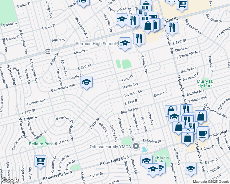 map of restaurants, bars, coffee shops, grocery stores, and more near 3127 Blossom Lane in Odessa