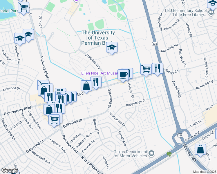 map of restaurants, bars, coffee shops, grocery stores, and more near 7483 Oakwood Drive in Odessa