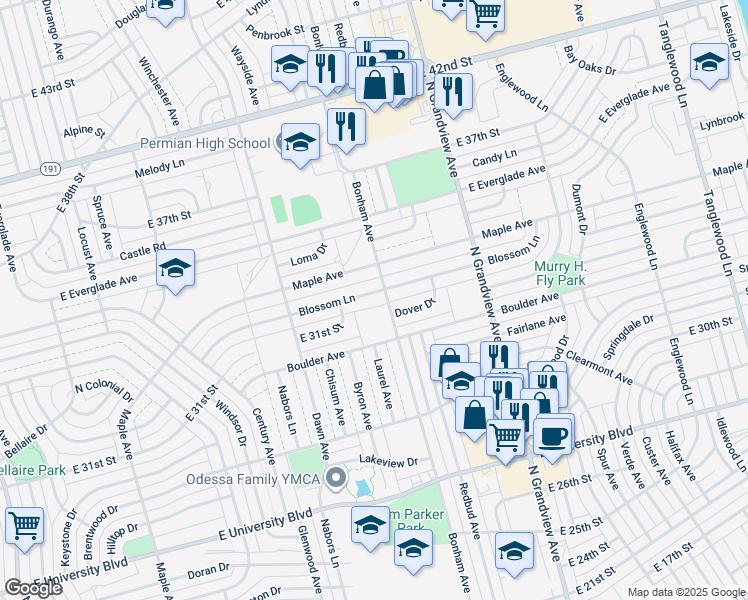 map of restaurants, bars, coffee shops, grocery stores, and more near 3218 Blossom Lane in Odessa