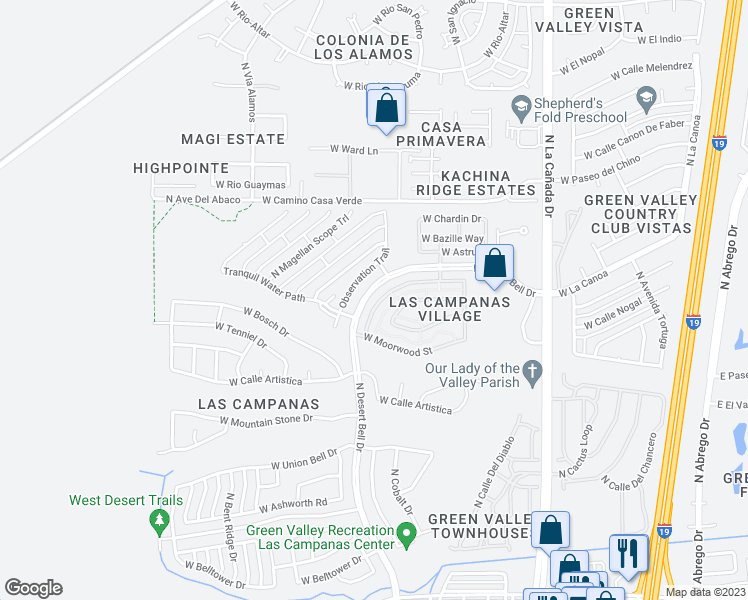 map of restaurants, bars, coffee shops, grocery stores, and more near 686 West Shadow Wood Street in Green Valley