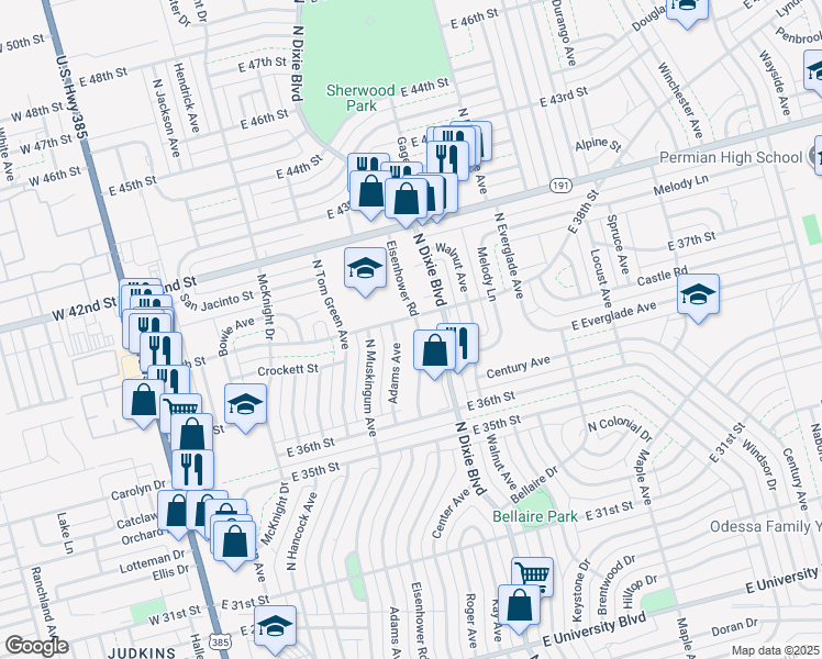 map of restaurants, bars, coffee shops, grocery stores, and more near 3647 Eisenhower Road in Odessa