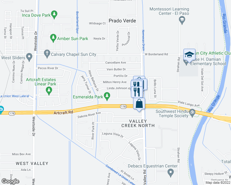 map of restaurants, bars, coffee shops, grocery stores, and more near 6204 Rose Colleng Place in El Paso
